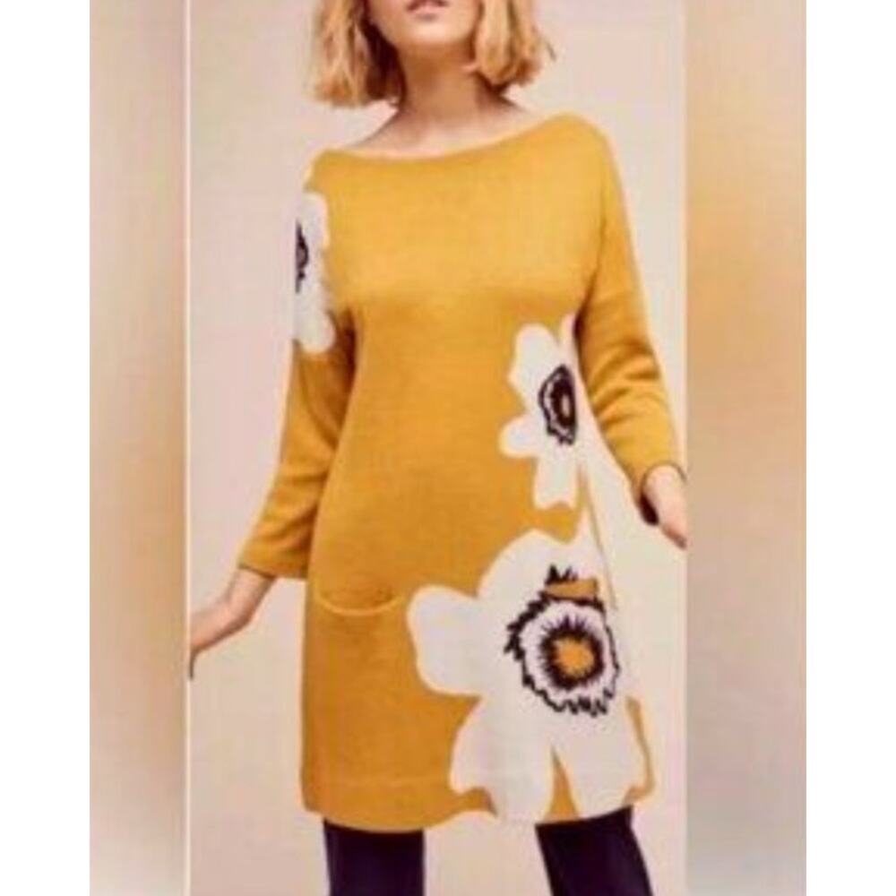 Field & Flower Anthropologie Yellow Flower Sweater Dress Size S